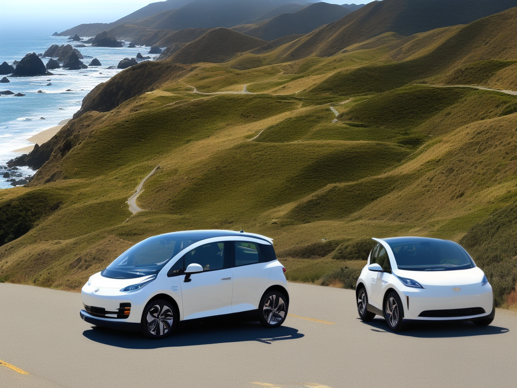 Electric car on the scenic drive of Big Sur with a view of the ocean and hills in the background.