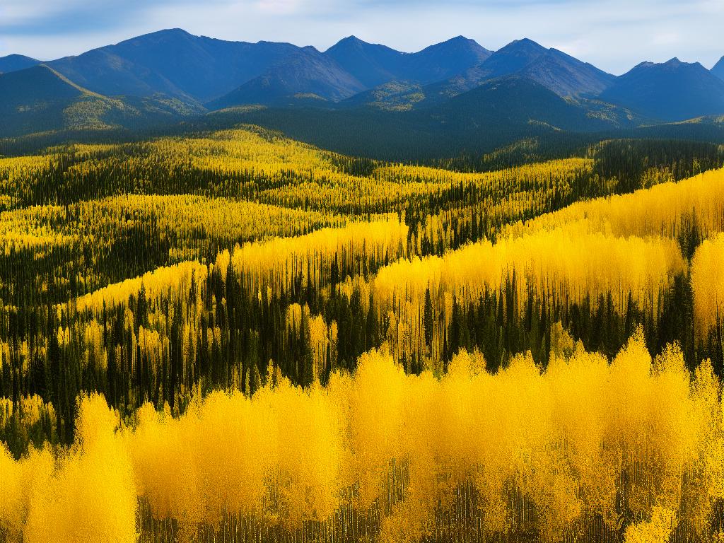 A beautiful image of a mountain landscape with golden aspen groves and wildflowers surrounding a winding mountain biking trail.