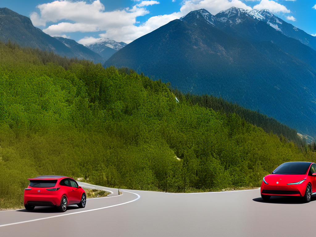 A red electric vehicle driving on a winding road with mountains in the background. EV-road-trip.PNG