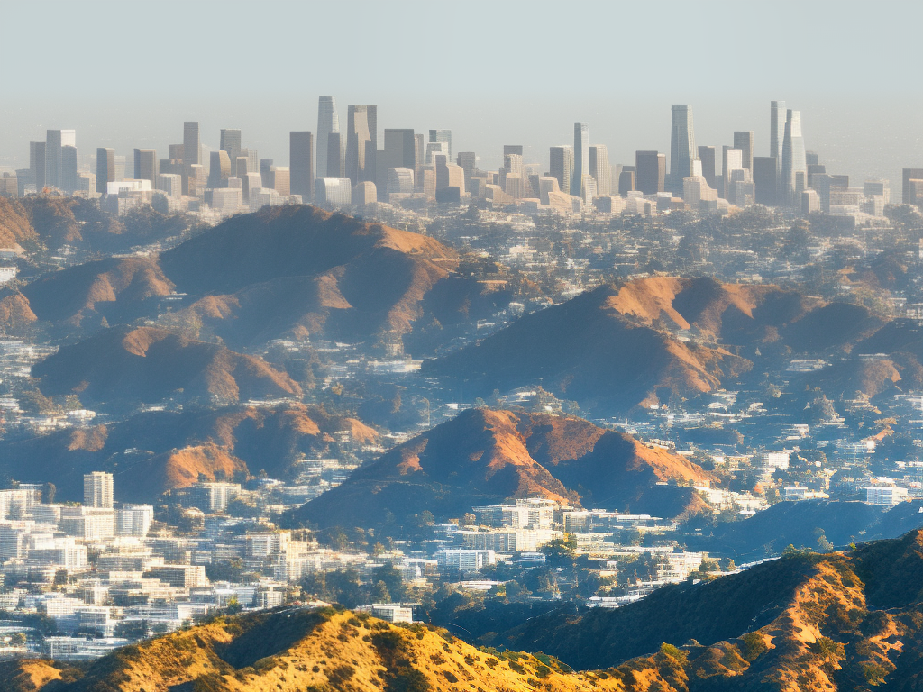 Illustration of popular Los Angeles attractions including the Hollywood sign, the Santa Monica Pier, and the Griffith Observatory