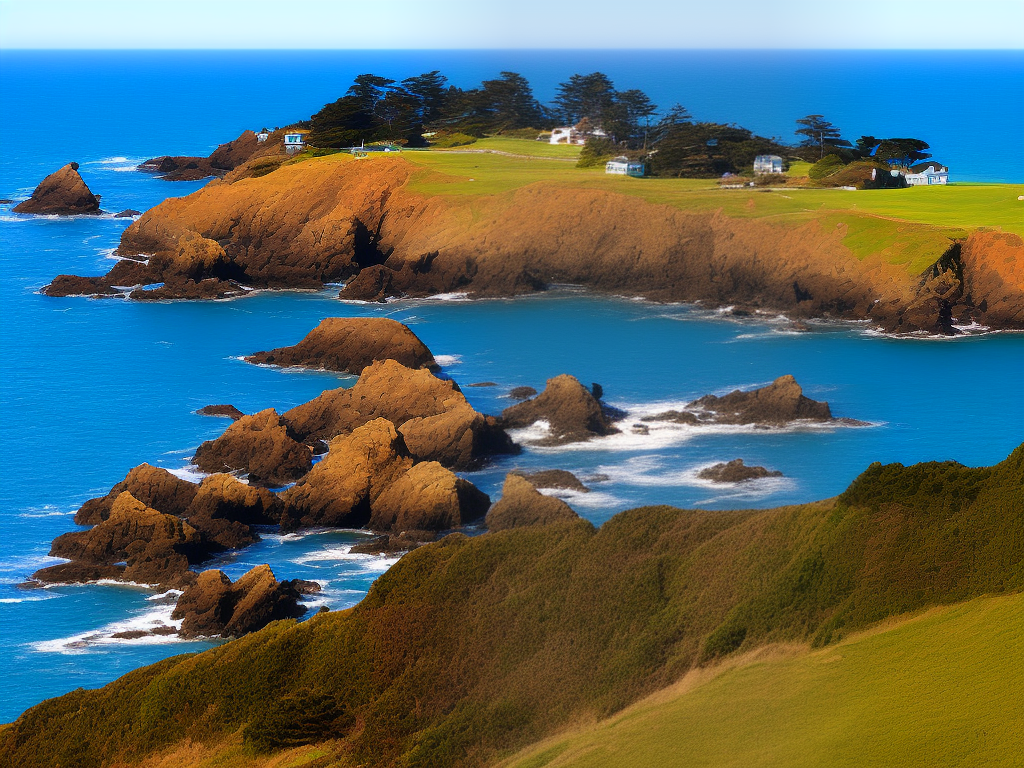 A coastal view of Mendocino with green hills and blue water.