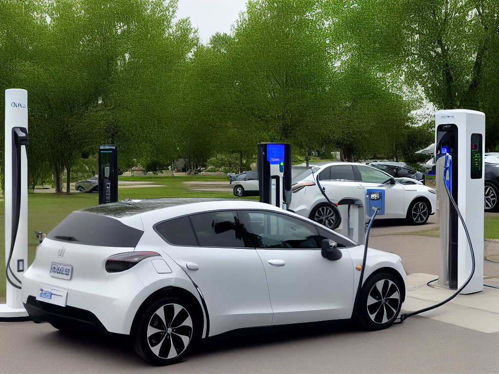 An image of an electric car charging at a charging station with Level 2 and DC fast charging connections and a temperature gauge next to it.