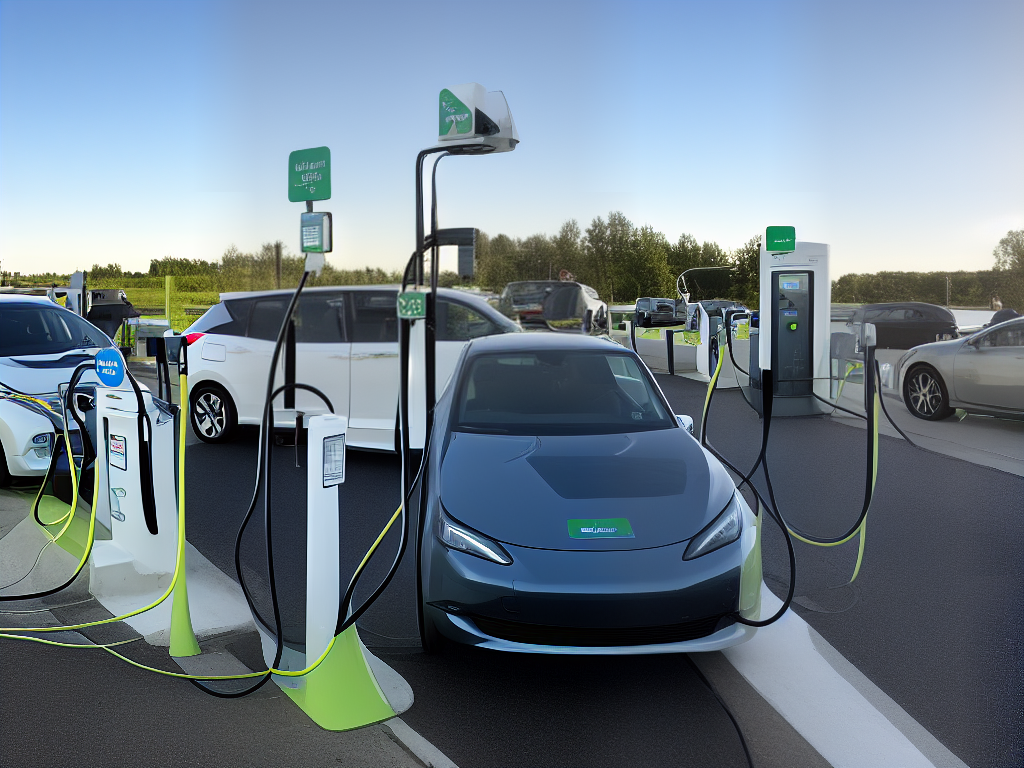 An image showing an electric vehicle charging at a charging station on a highway with signs of charging station and electric vehicle charging symbols.