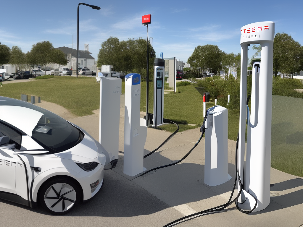 An illustration of an electric vehicle plugged into a charging station with a map of the United States in the background highlighting Tesla Supercharger, Electrify America, and ChargePoint charging stations across the country.