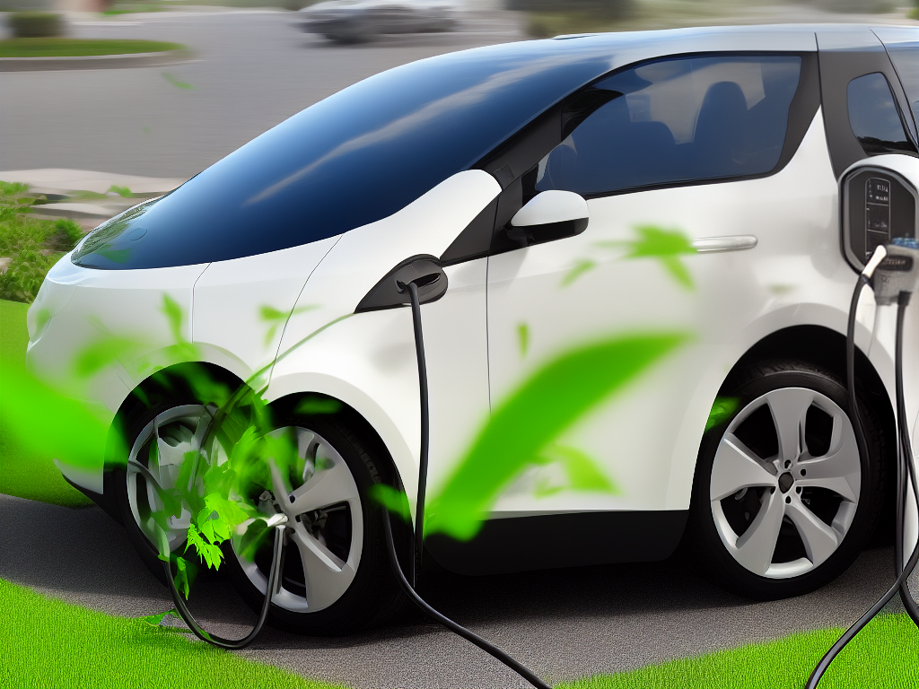 Illustration of an electric car plugged into a charging station with green leaves in the background.