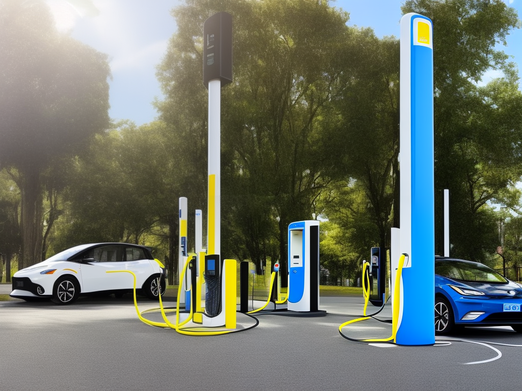 A photo of an electric vehicle charging station with two charging ports. The station is a white pillar with blue accents and yellow and white text that reads 'EV Charging'.