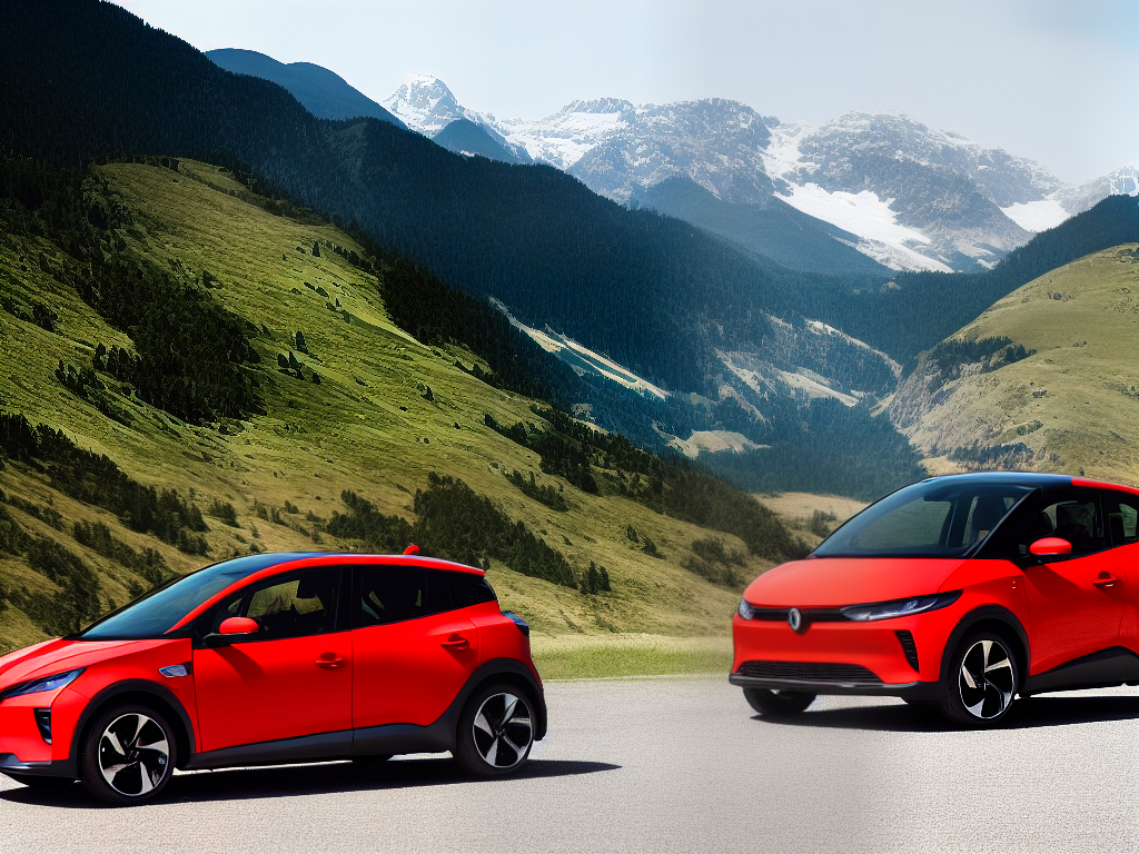 A car driving on a road with mountains in the background, representing an electric vehicle road trip.