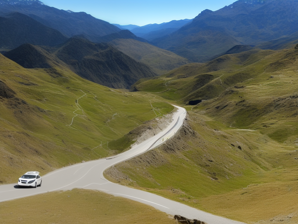 An illustration of an electric vehicle driving on a road that goes through mountains with charging stations visible on the side of the road.
