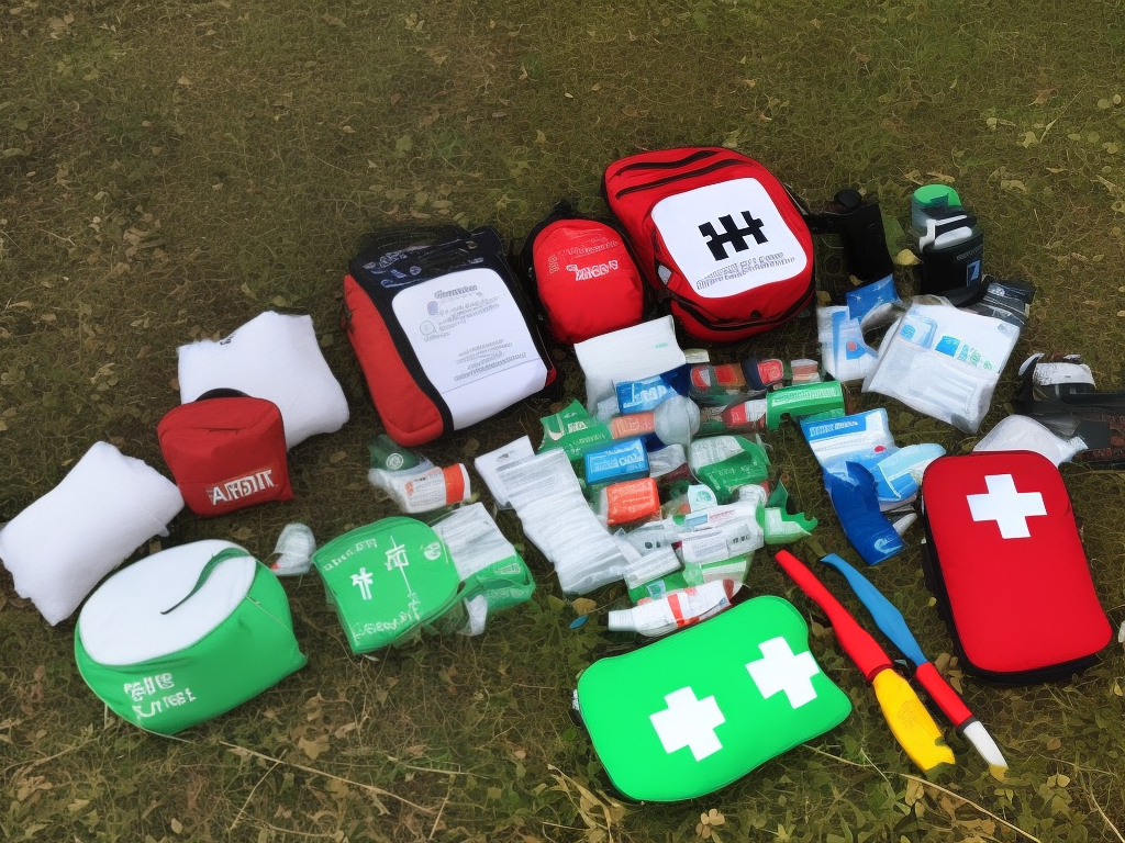 Image of a first aid kit and emergency supplies laid out amongst trees in a forest.