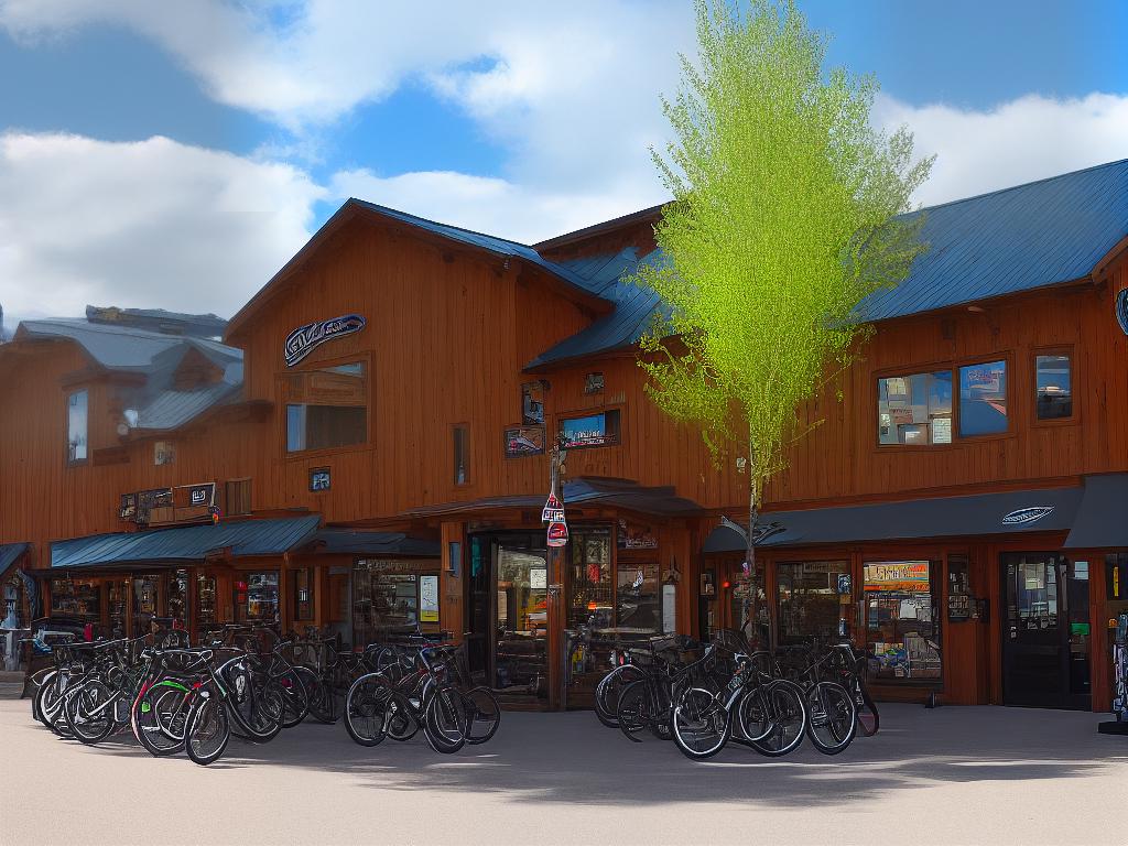 A picture of two bike rental shops in Crested Butte, Big Al's Bicycle Heaven and The Alpineer, located within the city.