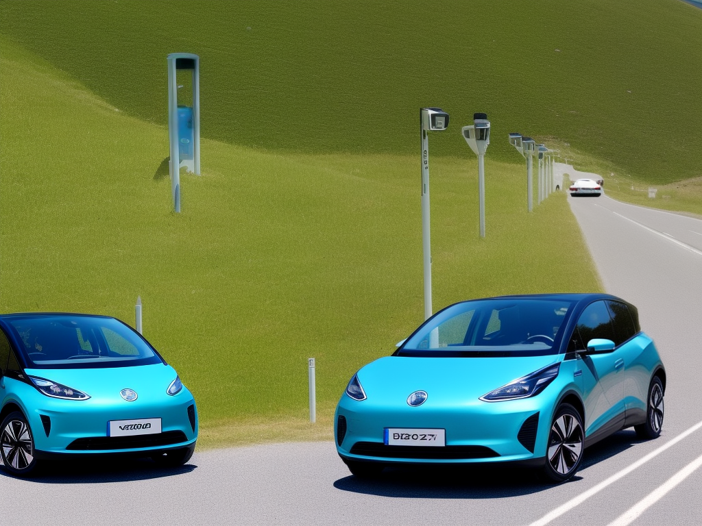 A picture of a car on a long road trip with green scenery on the side and an electric vehicle charging station in the background.
