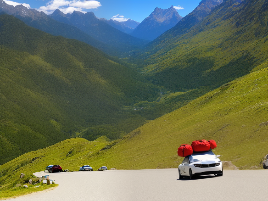 A cartoon car with bags of luggage in the trunk heading towards a scenic mountain range.