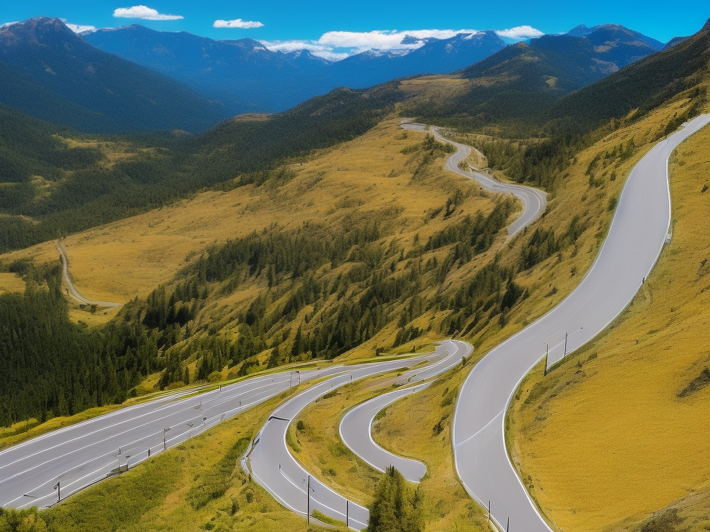 A photo of a winding road surrounded by mountains and trees, with blue skies and white clouds in the background. The road is empty and stretches out ahead, inviting the viewer on a road trip adventure.
