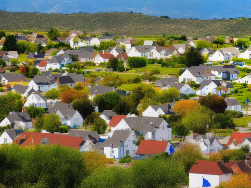 A picturesque view of Solvang village with colorful buildings, flower baskets, and traditional windmills.