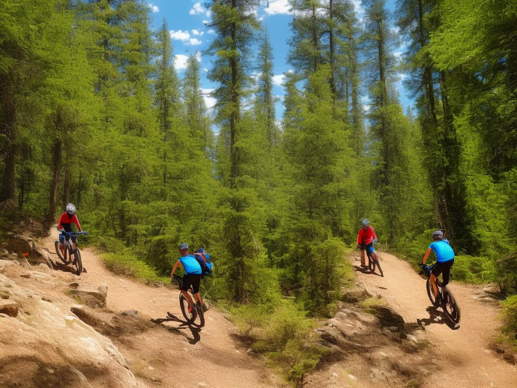 Riding a mountain bike on a narrow, rocky trail among the beautiful mountains and trees.