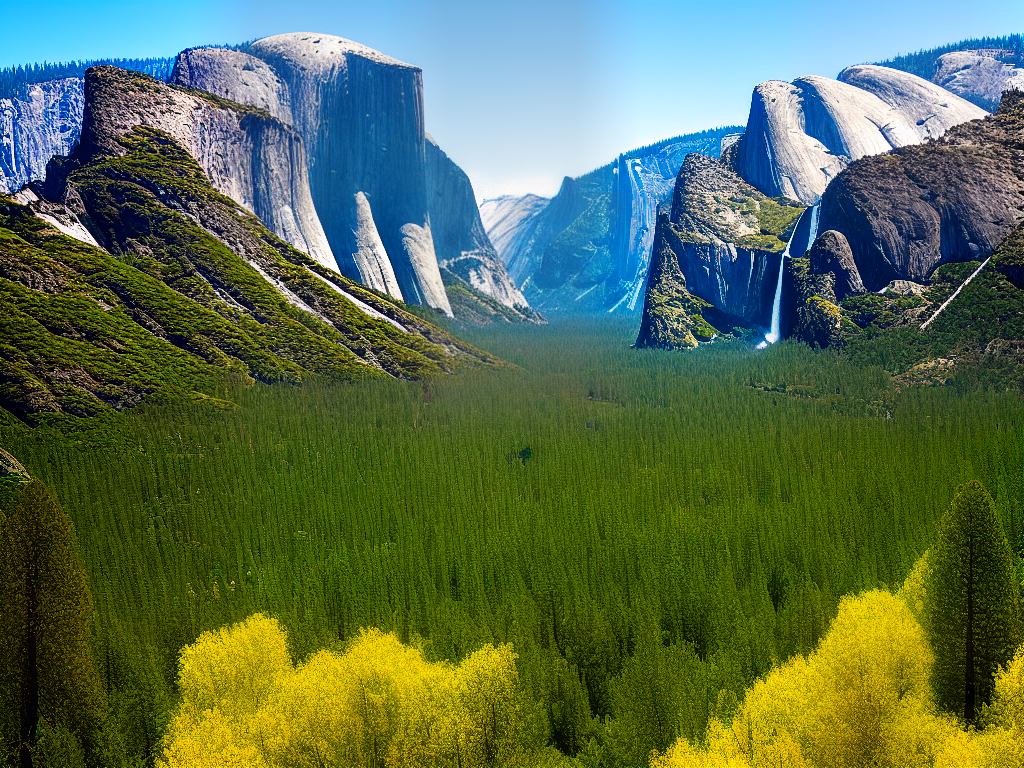 A beautiful view of Yosemite National Park with mountains in the background and a river flowing in the foreground. Lush green trees can be seen in the middle ground.